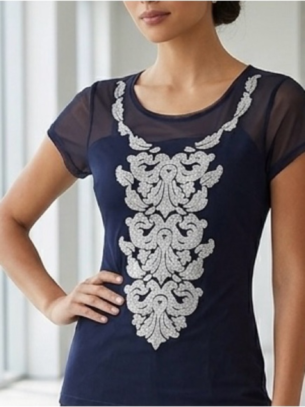 Navy Short-Sleeve Embroidered Mesh Yoke Top